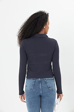 Füme Polo Yaka Fitilli Uzun Kollu Kaşkorse Kadın Bluz- 2460