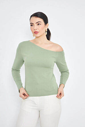  Yeşil Asimetrik Yaka Tek Omuz Açık Uzun Kollu Kadın Fit Bluz - 2463