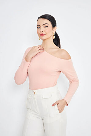  Pembe Asimetrik Yaka Tek Omuz Açık Uzun Kollu Kadın Fit Bluz - 2463