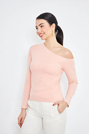  Pembe Asimetrik Yaka Tek Omuz Açık Uzun Kollu Kadın Fit Bluz - 2463
