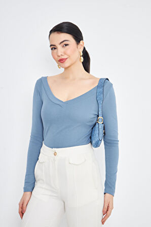 Mavi Kadın Derin V Yaka Uzun Kollu Fit Kesim Bluz - 2465