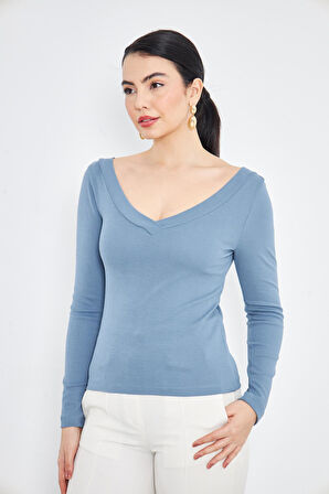 Mavi Kadın Derin V Yaka Uzun Kollu Fit Kesim Bluz - 2465