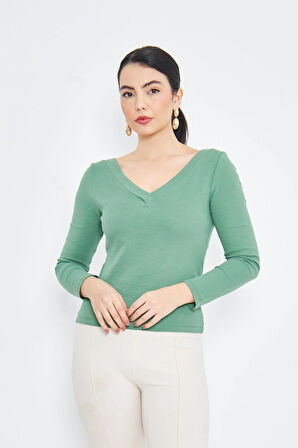 Yeşil Kadın Derin V Yaka Uzun Kollu Fit Kesim Bluz - 2465