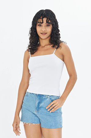 Beyaz Kadın Ince Ip Askılı Basic Crop Atlet -2466