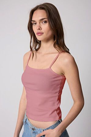Pembe Kadın Ince Ip Askılı Basic Crop Atlet -2466