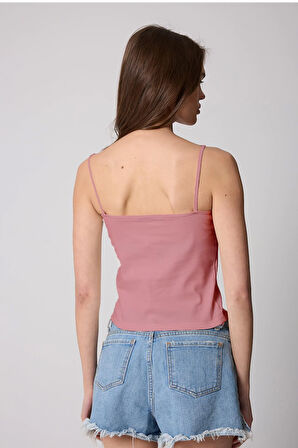 Pembe Kadın Ince Ip Askılı Basic Crop Atlet -2466