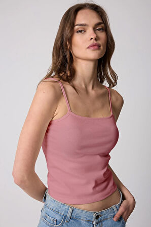Pembe Kadın Ince Ip Askılı Basic Crop Atlet -2466
