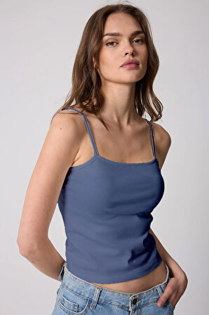 Lacivert Kadın Ince Ip Askılı Basic Crop Atlet -2466