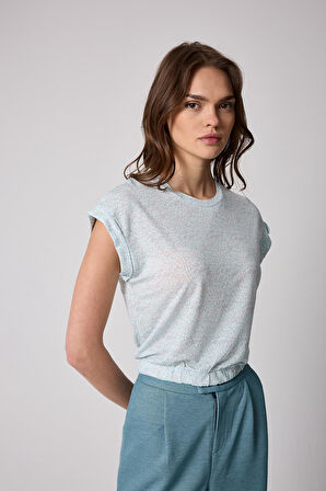 Kadın T-Shirt Beli Lastikli Duble Kol Bisiklet Yaka Desenli Mint Yeşili Basic - 2501