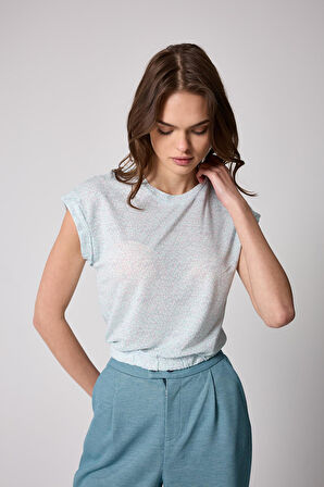 Kadın T-Shirt Beli Lastikli Duble Kol Bisiklet Yaka Desenli Mint Yeşili Basic - 2501