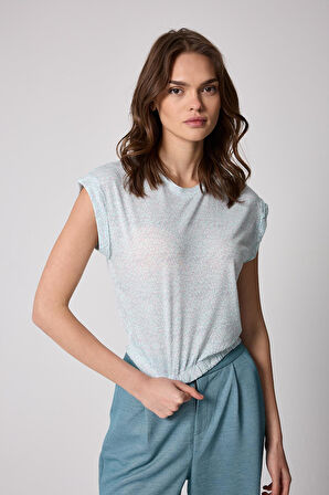 Kadın T-Shirt Beli Lastikli Duble Kol Bisiklet Yaka Desenli Mint Yeşili Basic - 2501