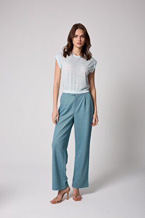 Kadın T-Shirt Beli Lastikli Duble Kol Bisiklet Yaka Desenli Mint Yeşili Basic - 2501