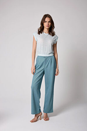 Kadın T-Shirt Beli Lastikli Duble Kol Bisiklet Yaka Desenli Mint Yeşili Basic - 2501