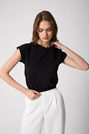 Kadın T-Shirt Beli Lastikli Duble Kol Bisiklet Yaka Siyah Basic - 2501