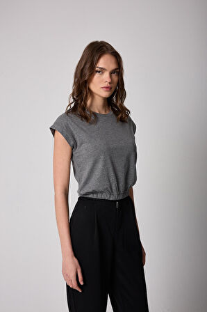 Kadın T-Shirt Beli Lastikli Duble Kol Bisiklet Yaka Antrasit Basic - 2501