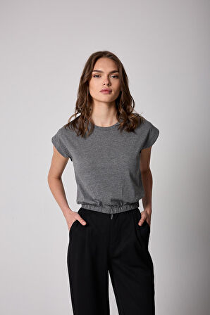 Kadın T-Shirt Beli Lastikli Duble Kol Bisiklet Yaka Antrasit Basic - 2501