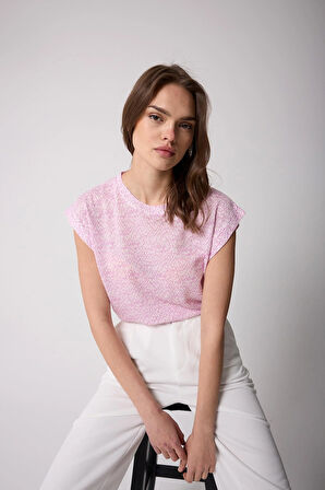 Kadın T-Shirt Beli Lastikli Duble Kol Bisiklet Yaka Desenli Pembe Basic - 2501