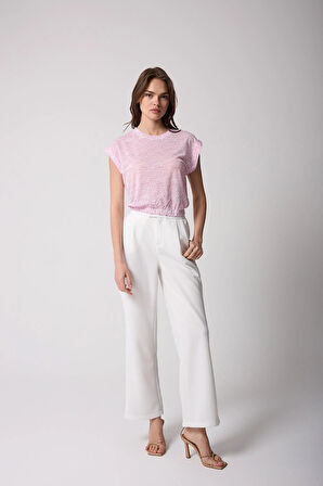 Kadın T-Shirt Beli Lastikli Duble Kol Bisiklet Yaka Desenli Pembe Basic - 2501