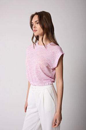 Kadın T-Shirt Beli Lastikli Duble Kol Bisiklet Yaka Desenli Pembe Basic - 2501