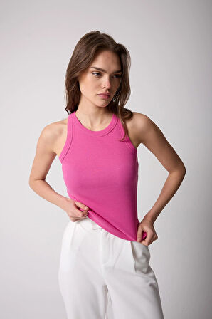 Koyu Pembe Halter Yaka Fitilli Görünümlü Kadın Atlet - 2502