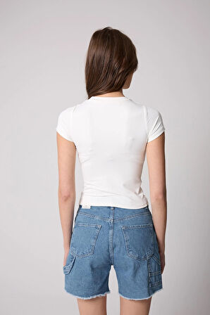 Kadın T-Shirt Likralı Slim Fit Kısa Kol Bisiklet Yaka Beyaz Basic - 2503