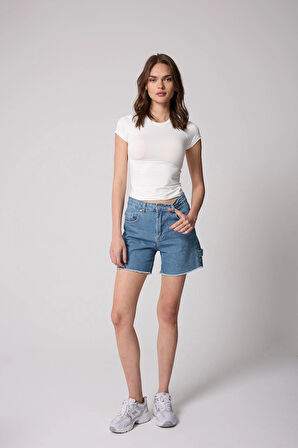 Kadın T-Shirt Likralı Slim Fit Kısa Kol Bisiklet Yaka Beyaz Basic - 2503