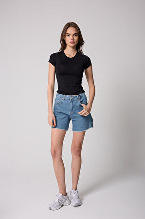 Kadın T-Shirt Likralı Slim Fit Kısa Kol Bisiklet Yaka Siyah Basic - 2503