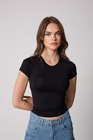 Kadın T-Shirt Likralı Slim Fit Kısa Kol Bisiklet Yaka Siyah Basic - 2503