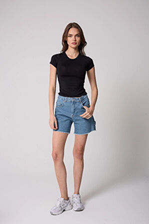 Kadın T-Shirt Likralı Slim Fit Kısa Kol Bisiklet Yaka Siyah Basic - 2503