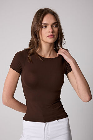 Kadın T-Shirt Likralı Slim Fit Kısa Kol Bisiklet Yaka Kahve Basic - 2503