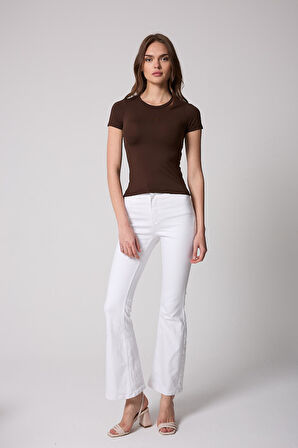 Kadın T-Shirt Likralı Slim Fit Kısa Kol Bisiklet Yaka Kahve Basic - 2503