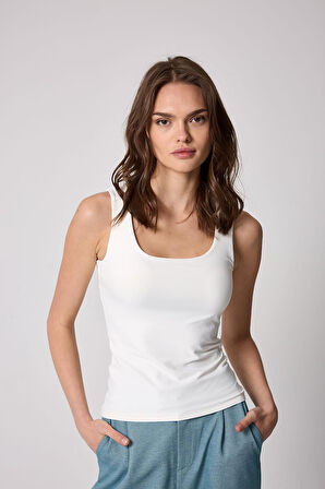 Kadın Atlet Beyaz Likralı Slim Fit Kalın Askılı - 2505