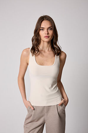 Kadın Atlet Krem Rengi Likralı Slim Fit Kalın Askılı - 2505