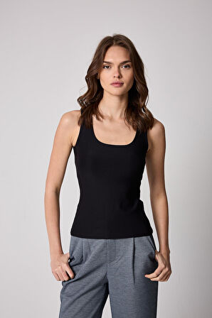 Kadın Atlet Siyah Likralı Slim Fit Kalın Askılı - 2505