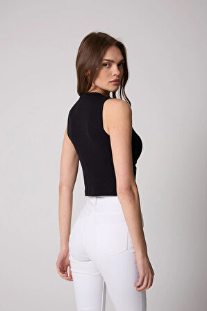 Kadın Crop Atlet Fitilli Görünümlü Kalp Nakışlı Siyah - 2506