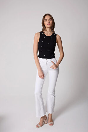 Kadın Crop Atlet Fitilli Görünümlü Kalp Nakışlı Siyah - 2506