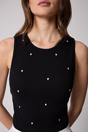 Kadın Crop Atlet Fitilli Görünümlü Kalp Nakışlı Siyah - 2506