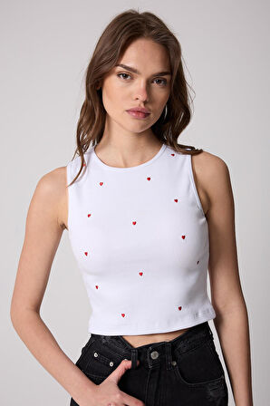 Kadın Crop Atlet Fitilli Görünümlü Kalp Nakışlı Beyaz - 2506