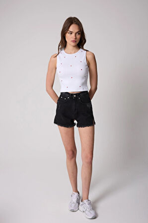 Kadın Crop Atlet Fitilli Görünümlü Kalp Nakışlı Beyaz - 2506