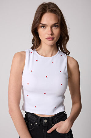 Kadın Crop Atlet Fitilli Görünümlü Kalp Nakışlı Beyaz - 2506