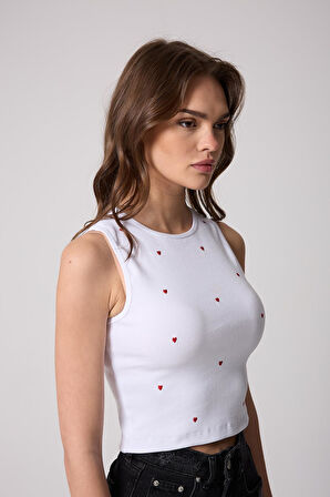 Kadın Crop Atlet Fitilli Görünümlü Kalp Nakışlı Beyaz - 2506