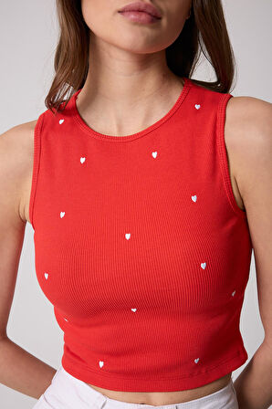 Kadın Crop Atlet Fitilli Görünümlü Kalp Nakışlı Kırmızı - 2506