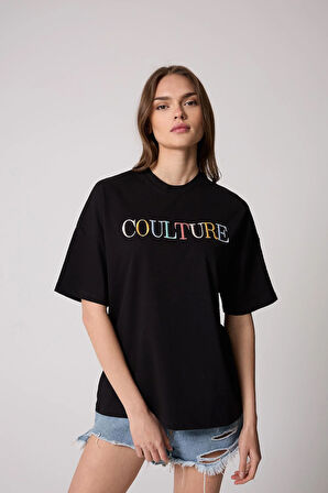 Kadın T-Shirt Siyah Culture Nakışlı Oversize Basic - 2508