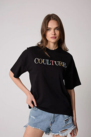 Kadın T-Shirt Siyah Culture Nakışlı Oversize Basic - 2508