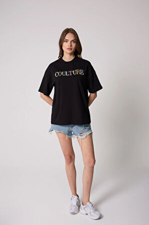 Kadın T-Shirt Siyah Culture Nakışlı Oversize Basic - 2508