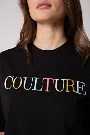 Kadın T-Shirt Siyah Culture Nakışlı Oversize Basic - 2508