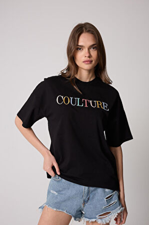 Kadın T-Shirt Siyah Culture Nakışlı Oversize Basic - 2508