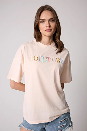 Kadın T-Shirt Puda Pembe Culture Nakışlı Oversize Basic - 2508