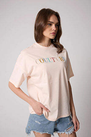 Kadın T-Shirt Puda Pembe Culture Nakışlı Oversize Basic - 2508