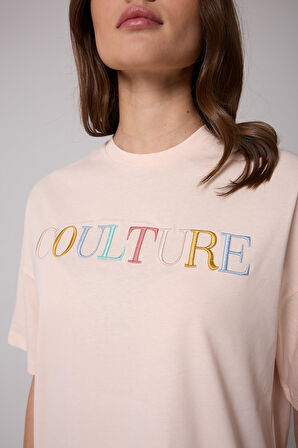 Kadın T-Shirt Puda Pembe Culture Nakışlı Oversize Basic - 2508